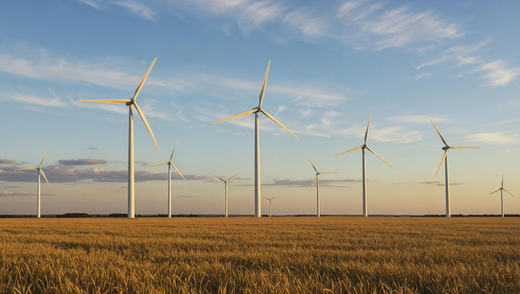 Wind turbines wheat field sunset
