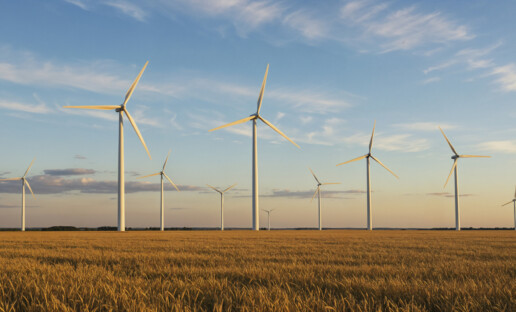 Wind turbines wheat field sunset